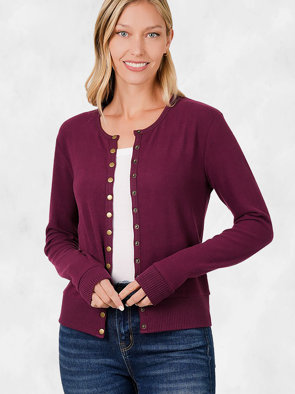 Zenana Dark Burgundy Crew Neck Snap Button Soft Sweater Cardigan Top 62 Polyester 34 Rayon 4 Spandex PinkOrchidFashion