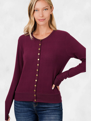 Zenana Dark Crew Neck Snap Button Cardigan