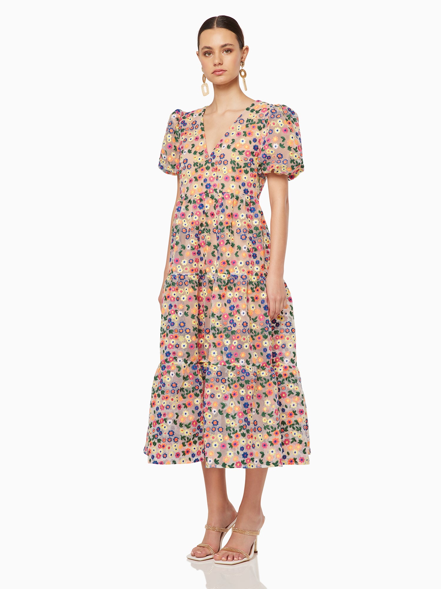 Elliatt Planetary Asymmetric Shoulder Bubble Sleeve Jacquard Maxi Dress Multi / S Elliatt Planetary Asymmetric Shoulder Bubble Sleeve Jacquard Maxi Dress Multi / S
