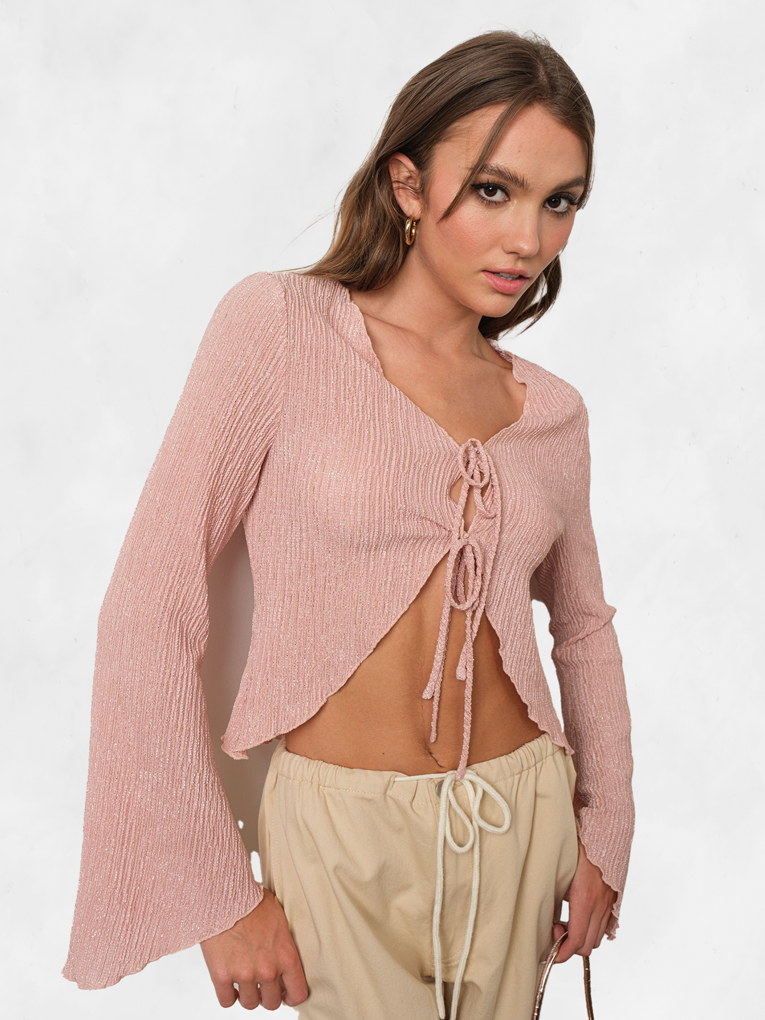 Pretty Garbage | Pink | Textured Bell Sleeve | Top | %95 Polyester