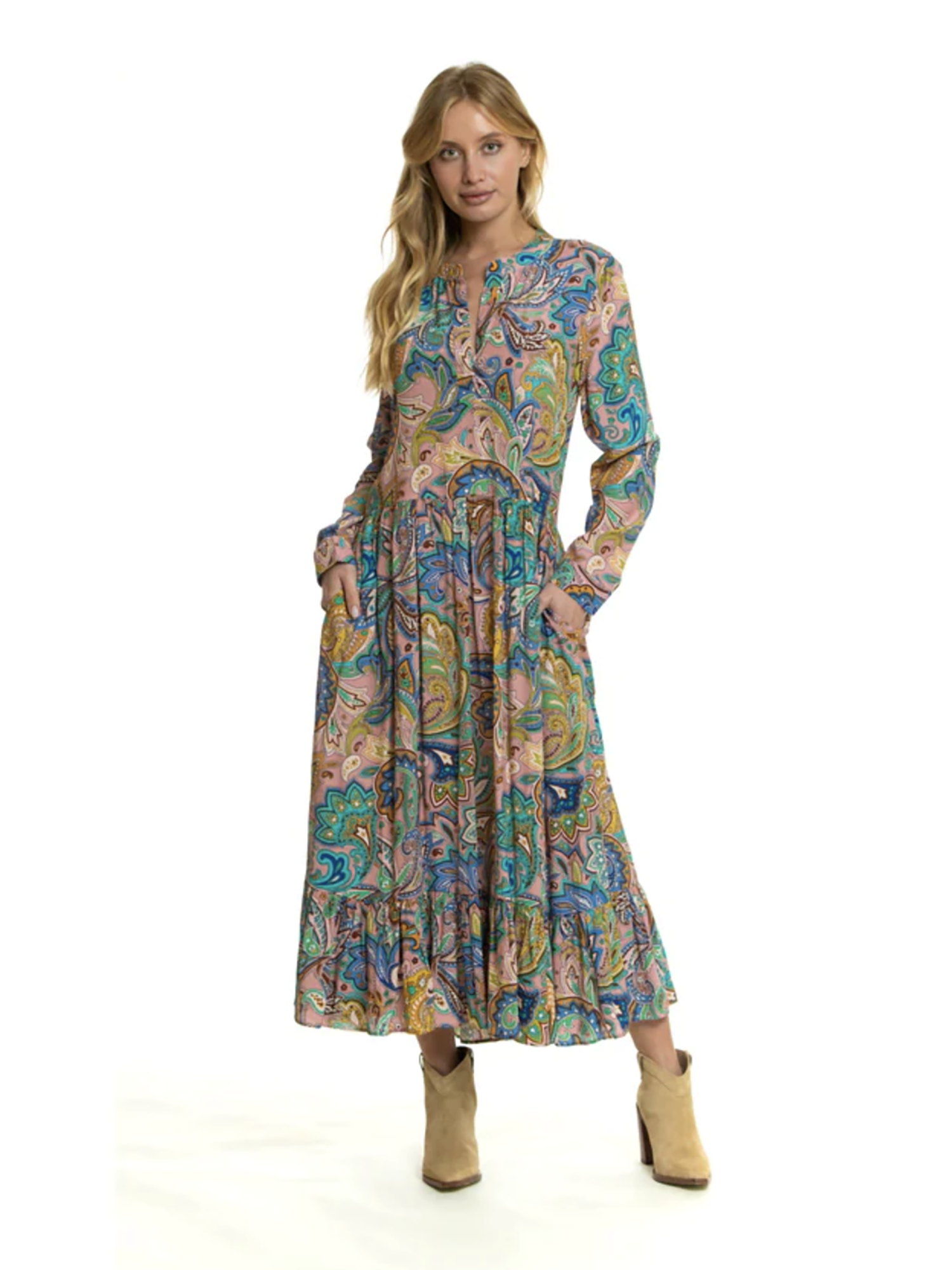 Paisley Maxi Dress With Long Sleeves | Tolani - Dresses M / Mauve Paisley Maxi Dress With Long Sleeves | Tolani - Dresses M / Mauve