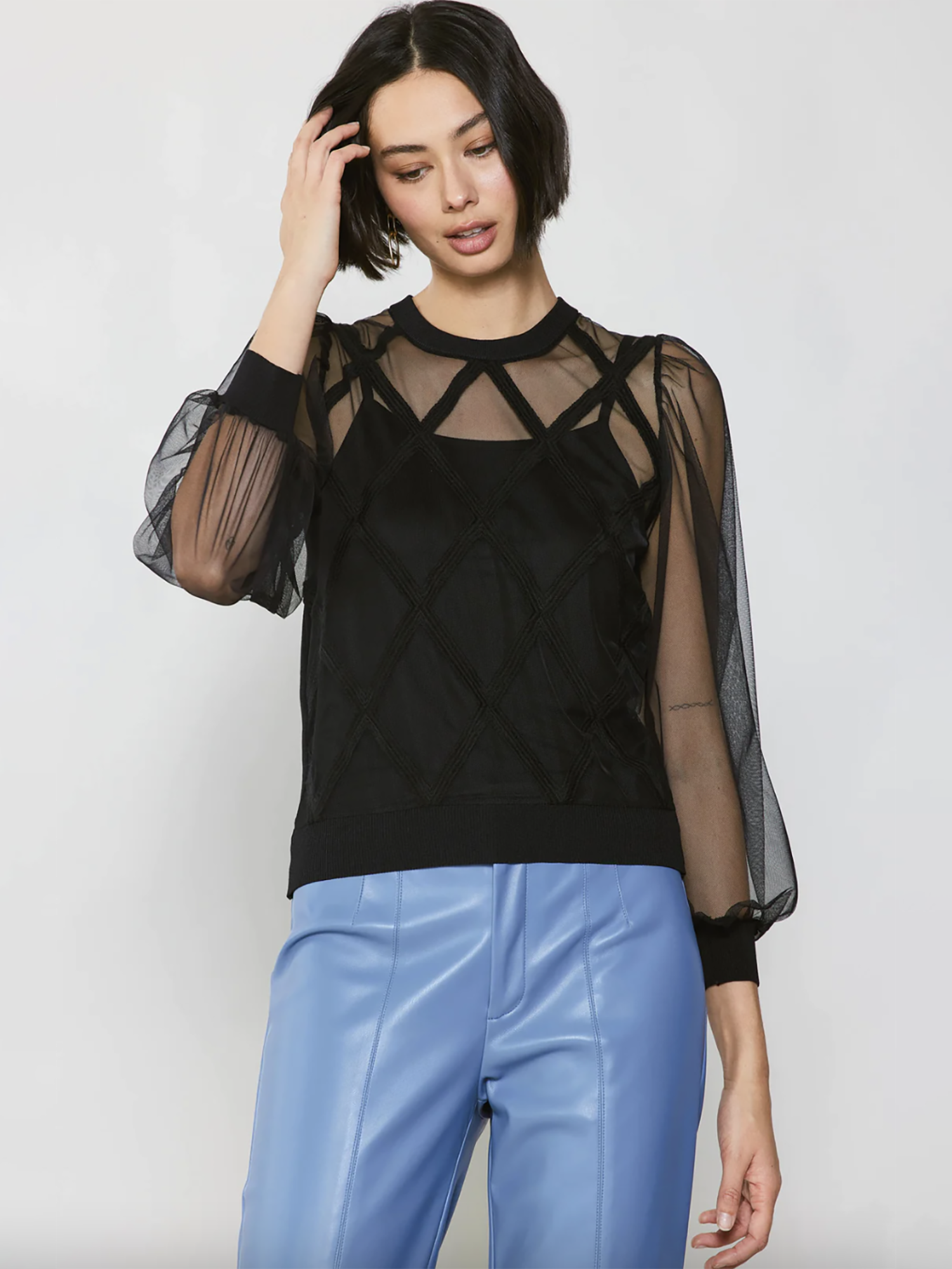 【HYEON】sheer crew tops Na♡ Current Air Sheer Crosshatch Lined Top - Shirts & Tops