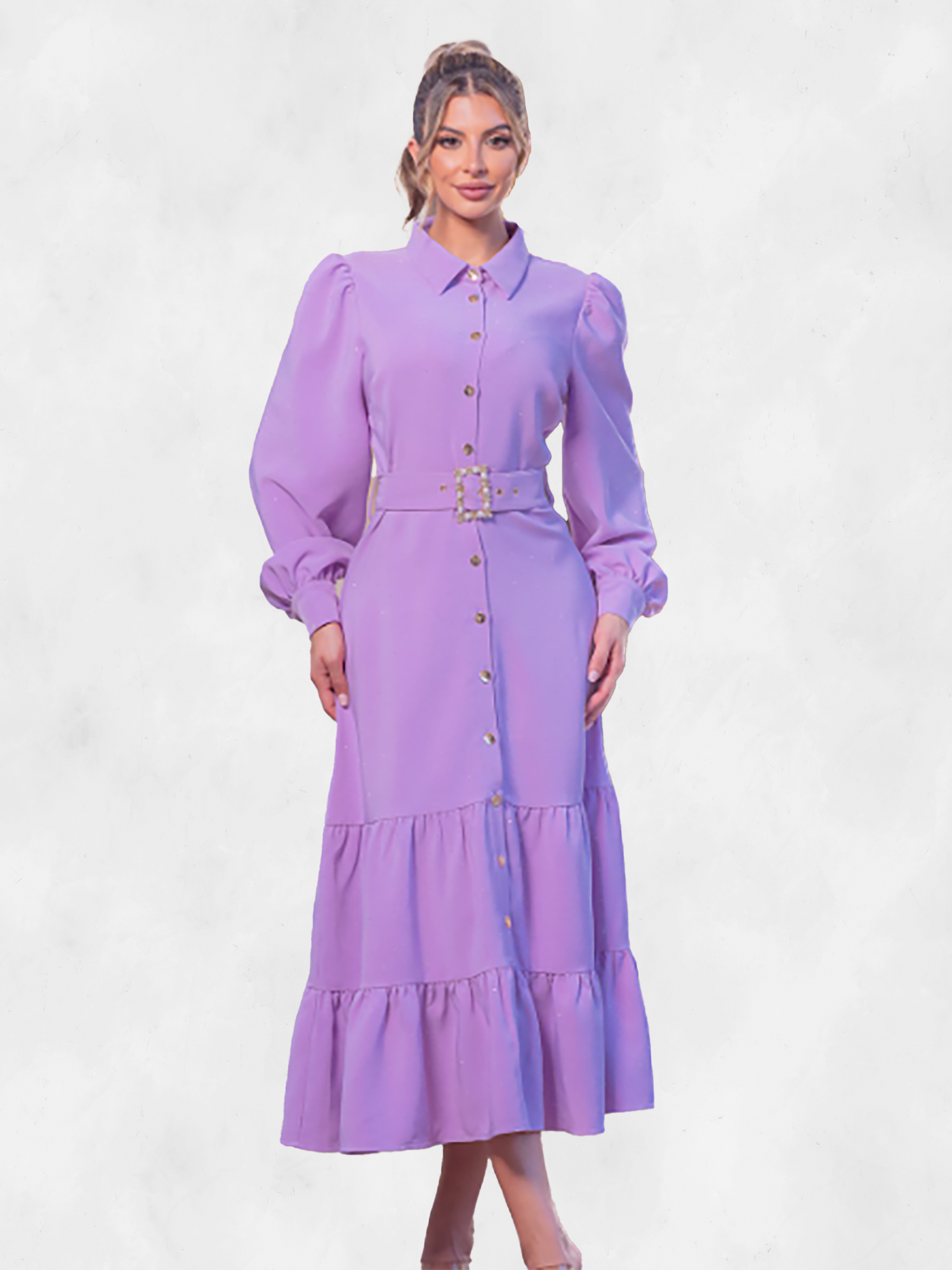 A.Peach Purple Tired Long Sleeve Midi Dress 100 Polyester S Purple