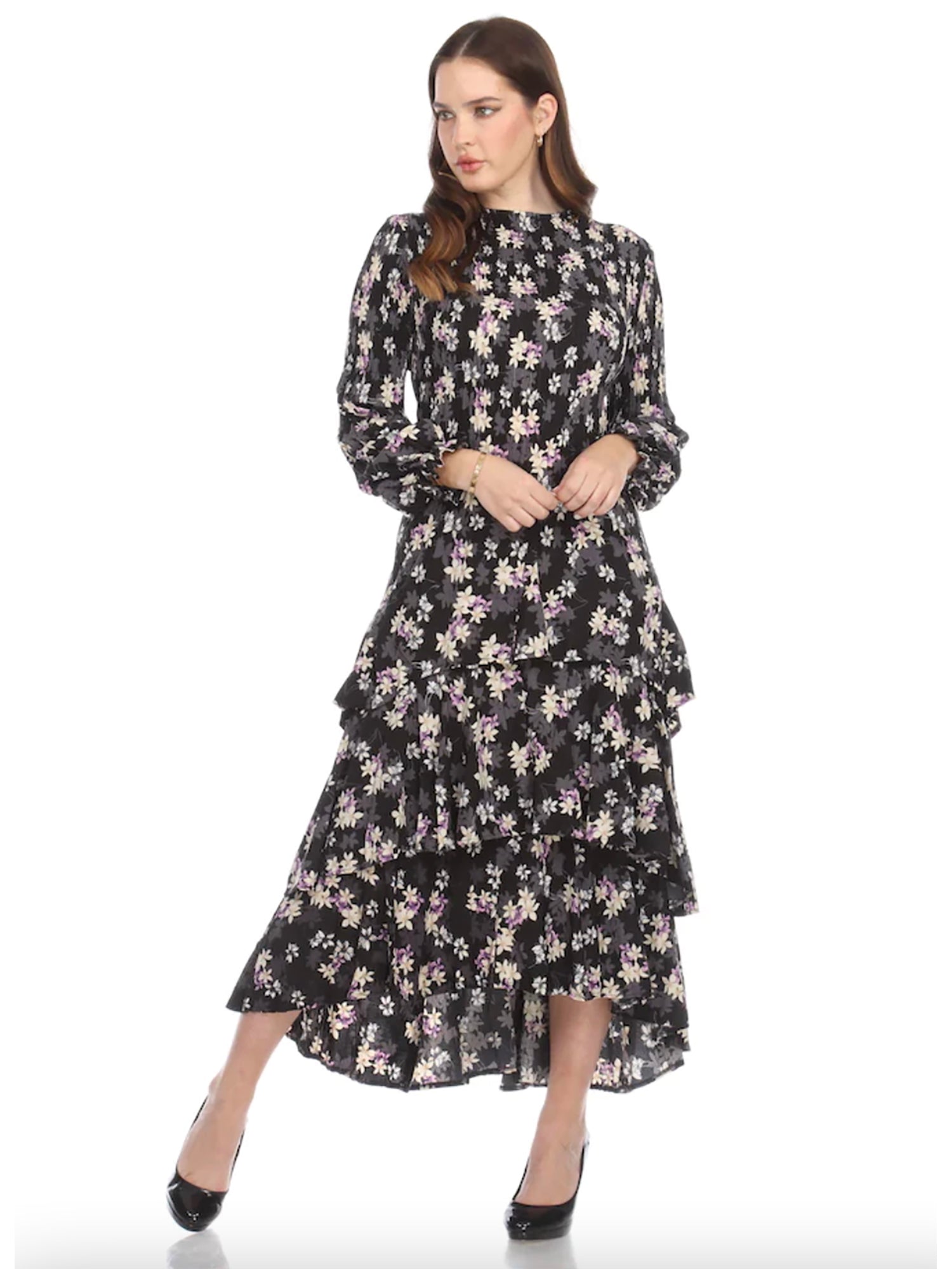 Veeca Long Sleeve Multi-Layer Dress Black Floral / XS