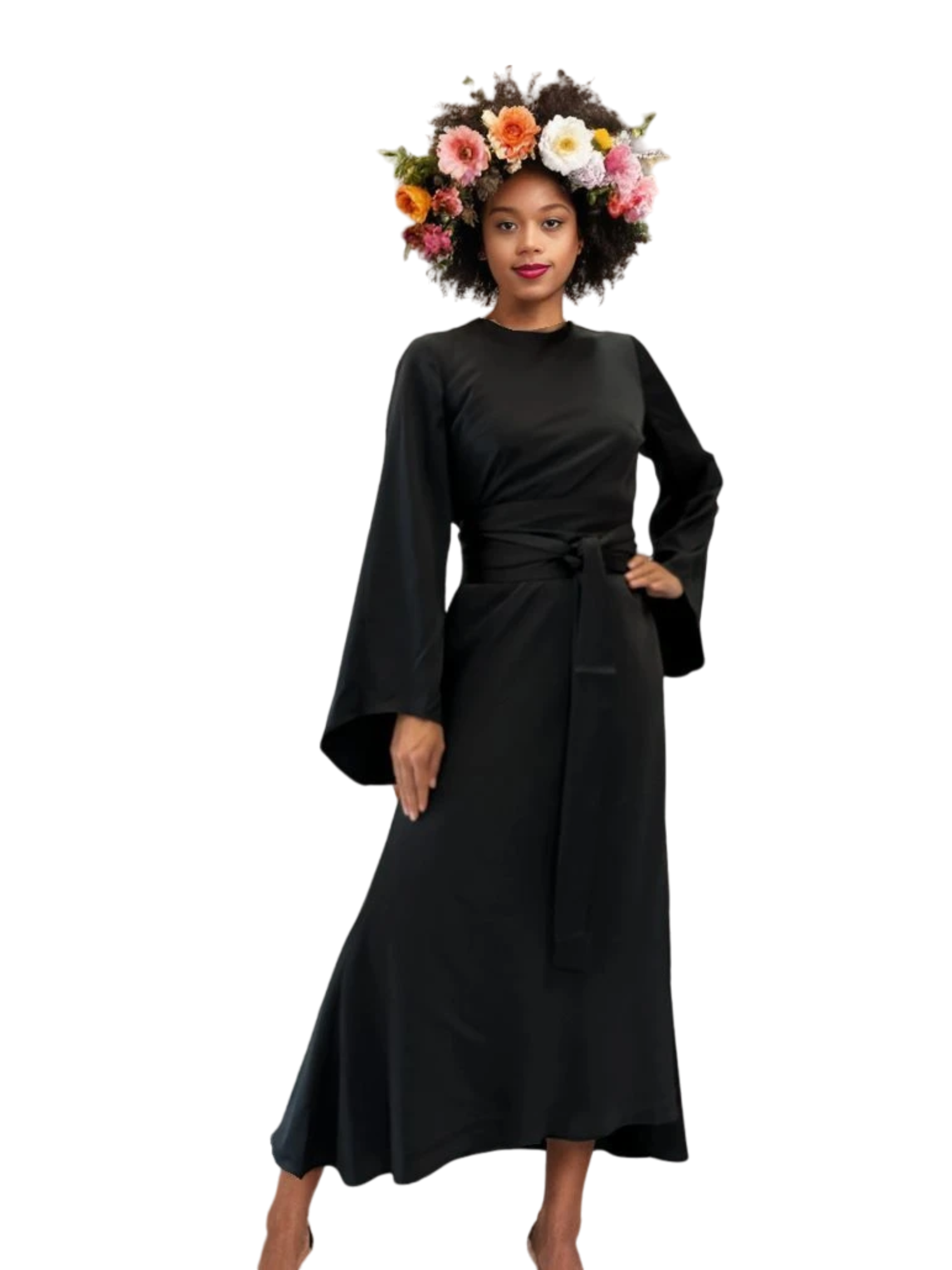 bell sleeve satin dress Long Sleeve Satin Gown by Cinderella Divine 7475 ABC Fashion