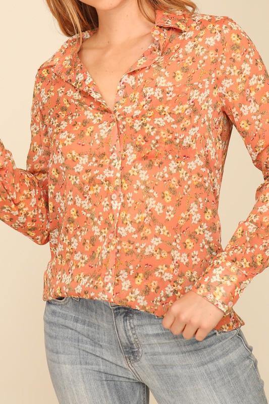 Timing Floral Print Button Down Top - PinkOrchidFashion