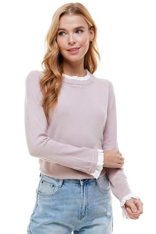 On Twelfth Mock Neck Contrast Ruffle Sweater - PinkOrchidFashion