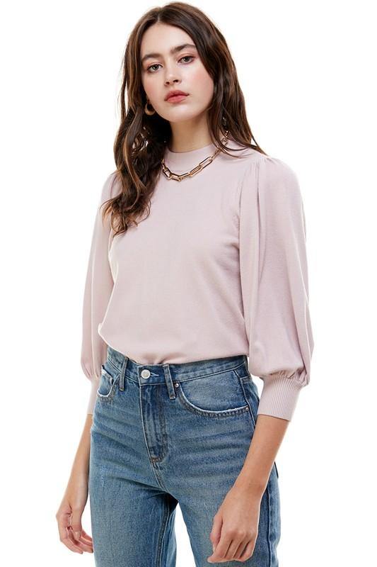 On Twelfth Puff Sleeve Mock Neck Sweater - PinkOrchidFashion