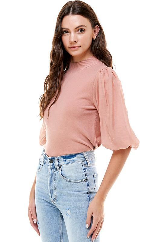 On Twelfth Contrast Bubble Sleeve Sweater - PinkOrchidFashion