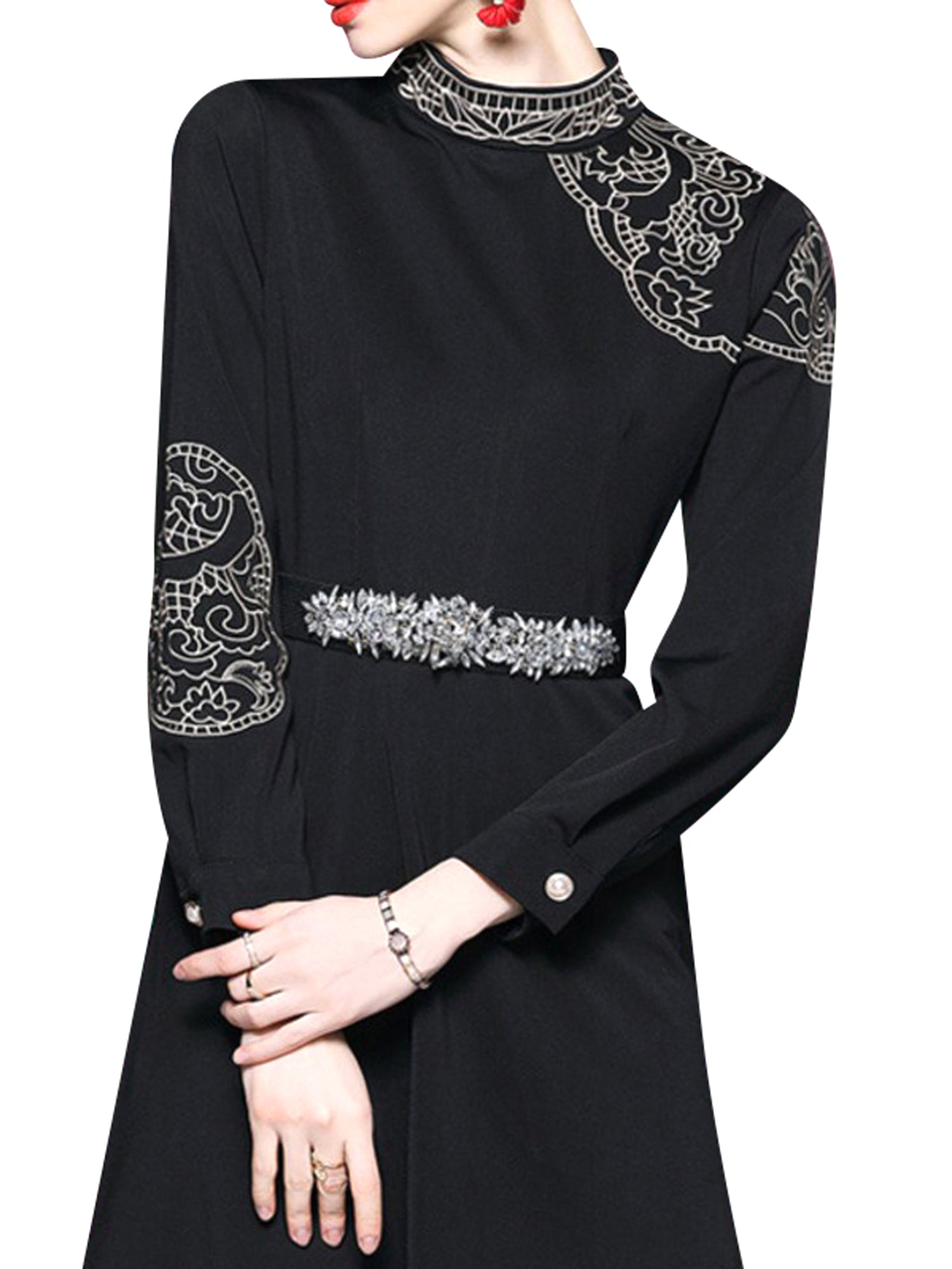 Elegant Long Sleeve Knee-Length Black Cocktail Dress Medium