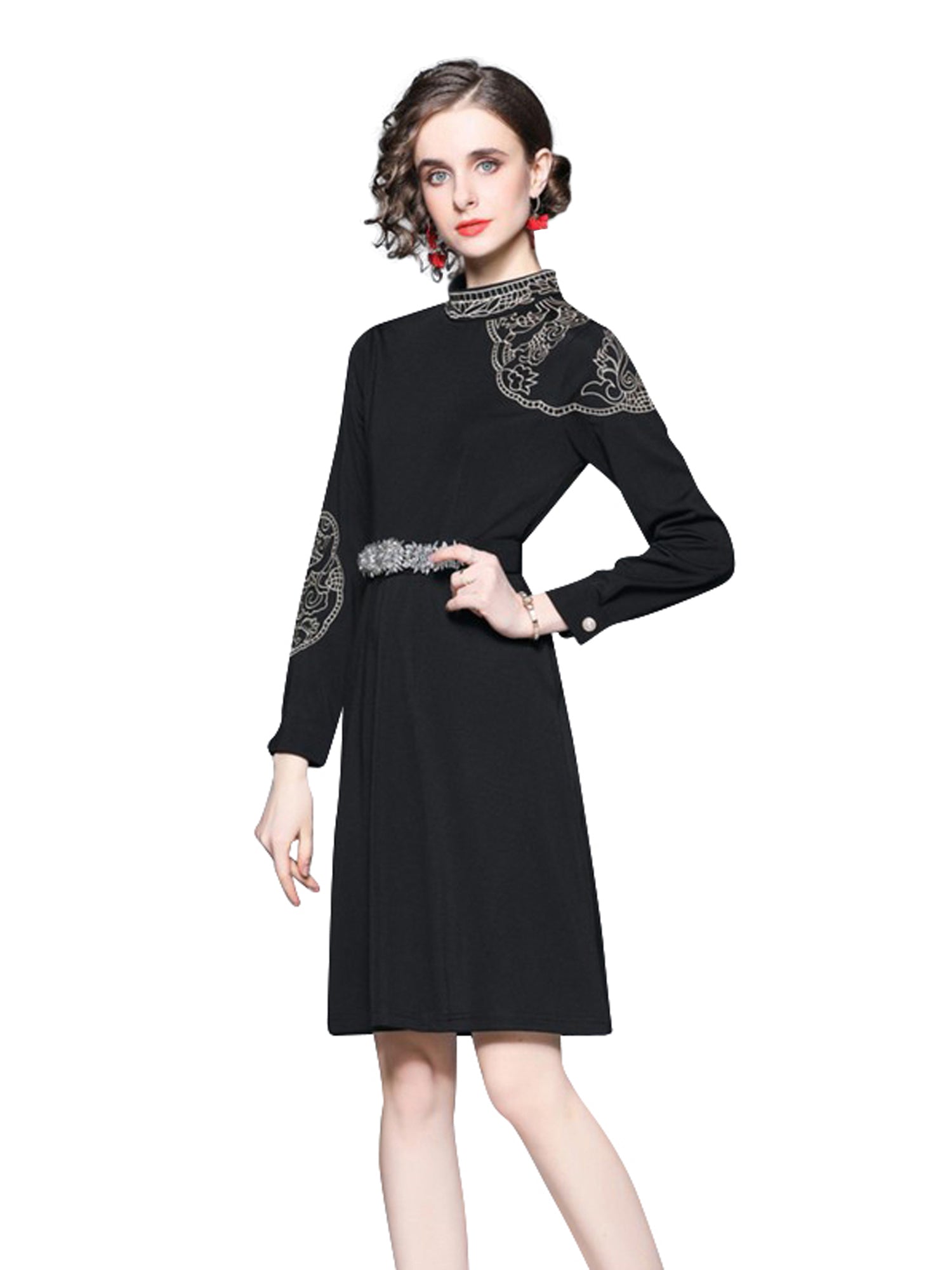 Elegant Long Sleeve Knee-Length Black Cocktail Dress Medium