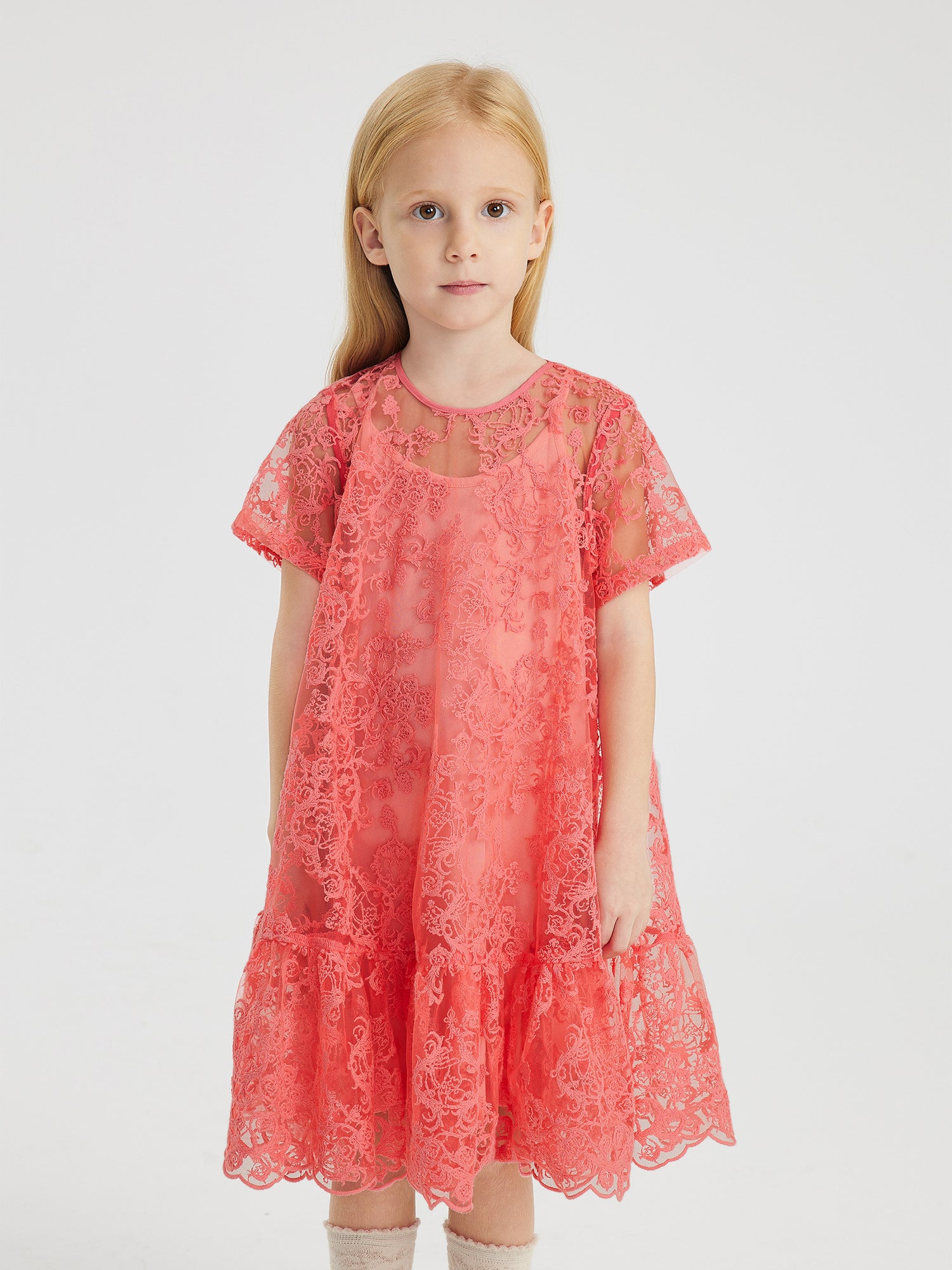 JNBY Lace Ruffle Bottom Dress - Dresses Salmon / 4-5 JNBY Lace Ruffle Bottom Dress - Dresses Salmon / 4-5