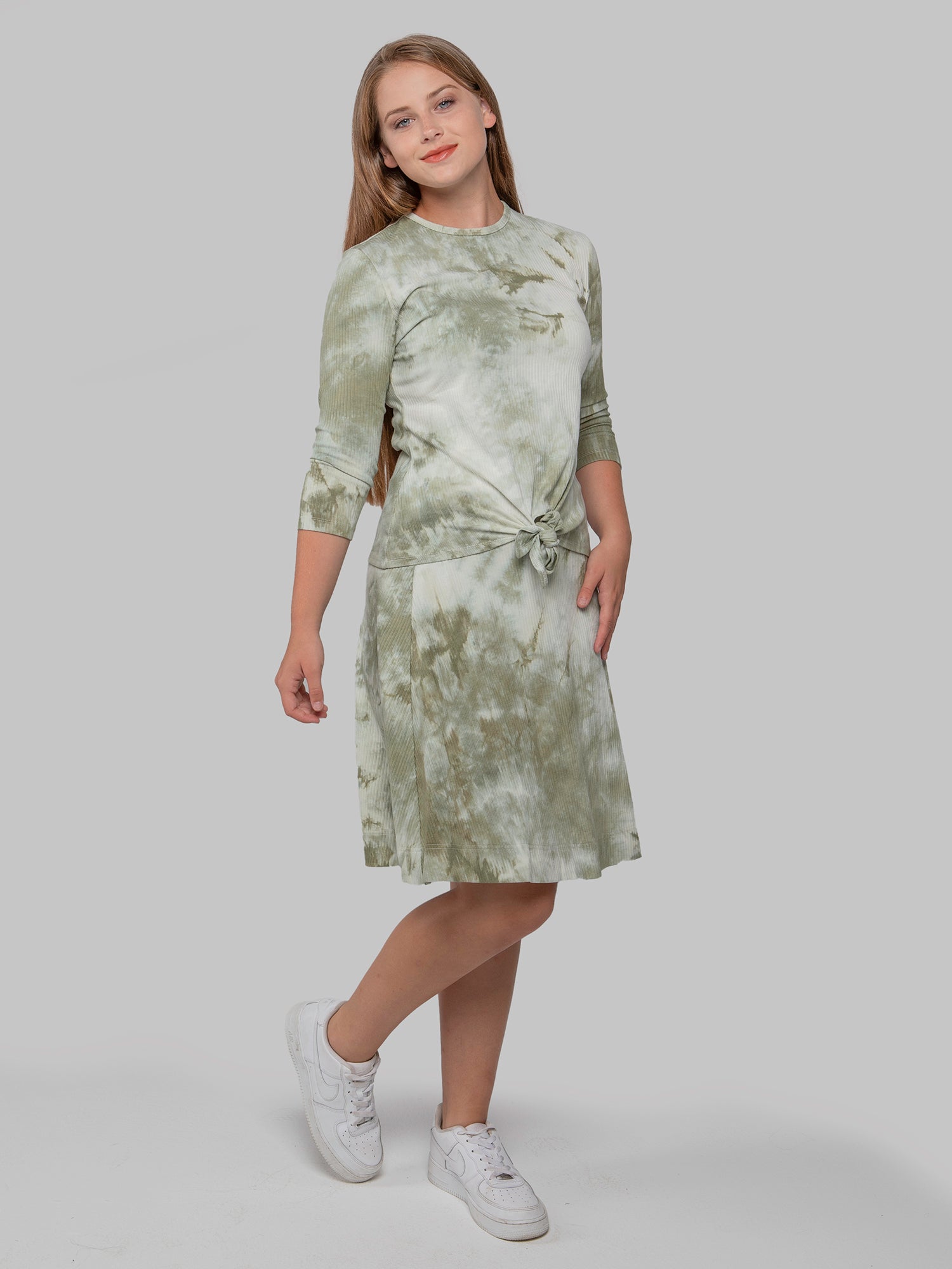 Lilac Tie-Dye Tie Waist Ribbed Cotton Blend Three Quarter Sleeve Top