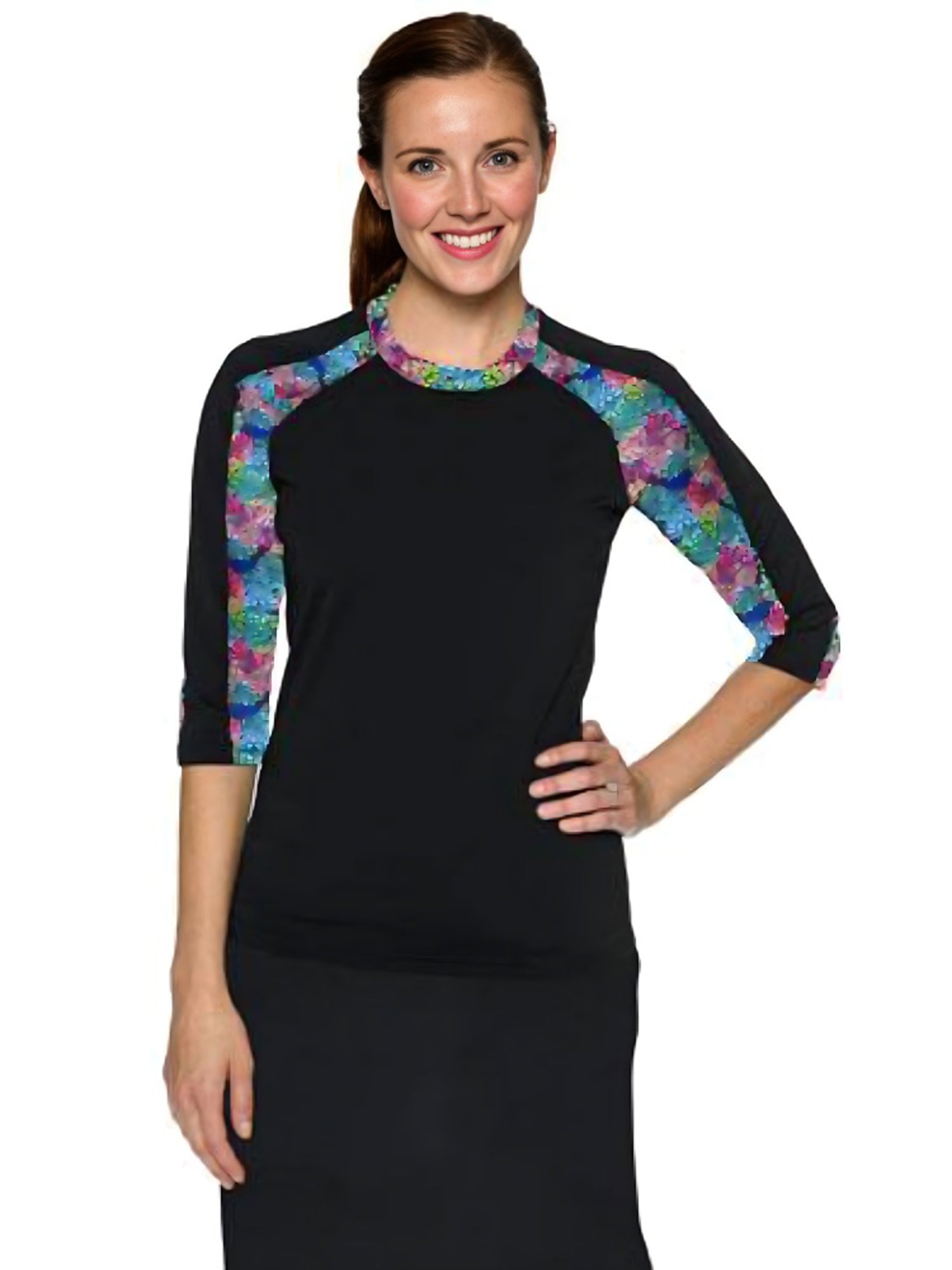 Hydrochic 3/4 Sleeve Black/Floral Accent Top vendor-unknown