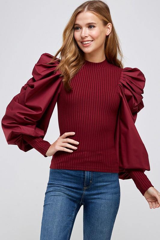 La' Ros Ribbed Bubble Sleeve Top Burgundy