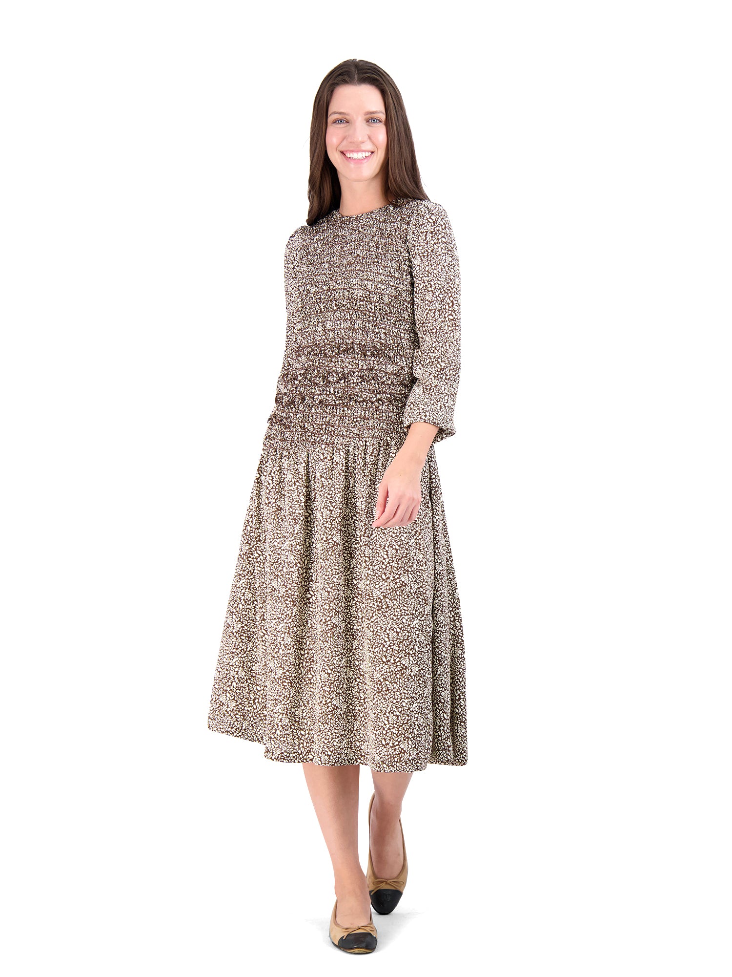 Ginger Scrunch Smock Front Geo Dress in Brown and Black - PinkOrchidFashion