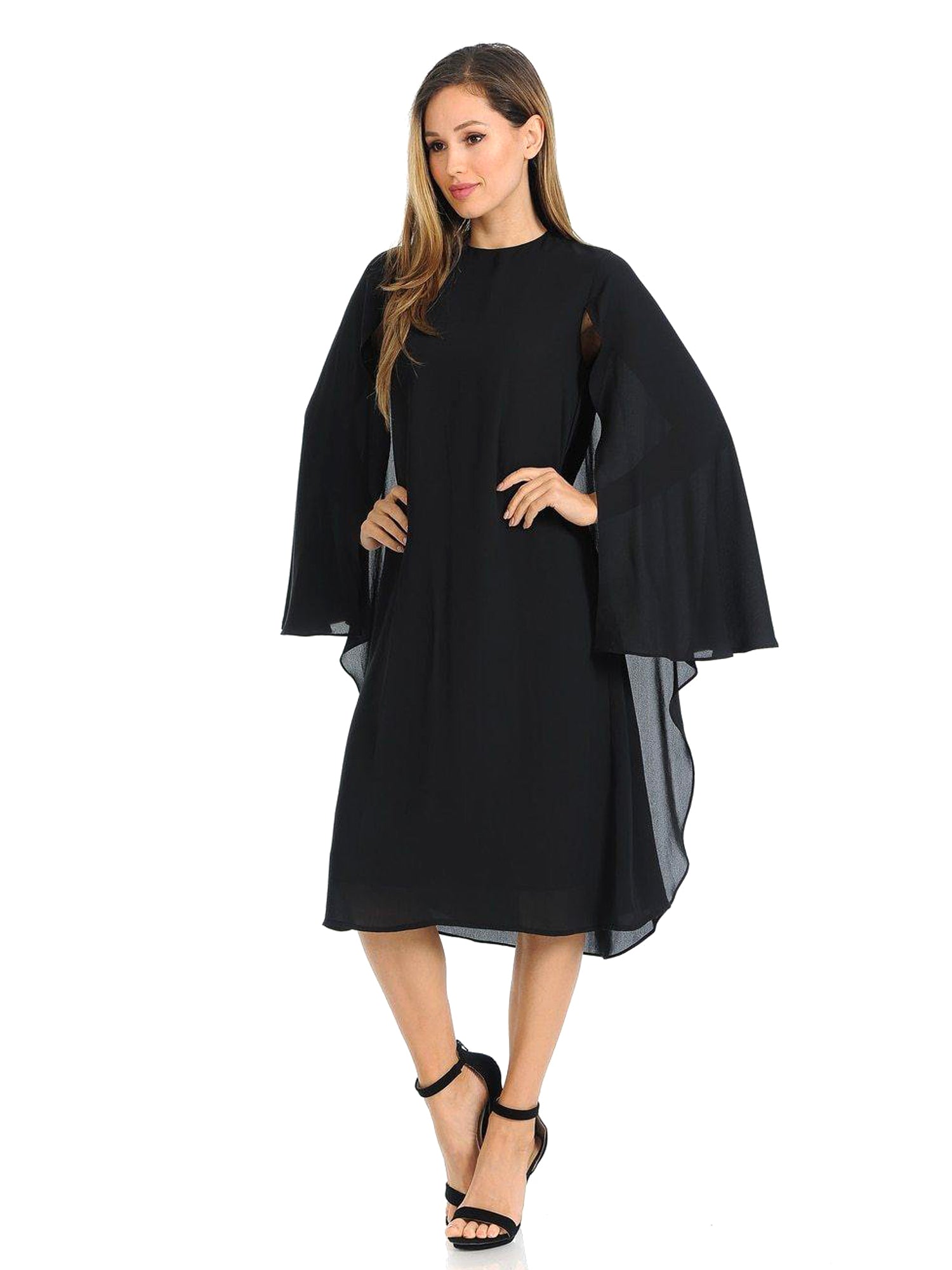 Edera Caped Black Chiffon A-Line Dress, Knee-Length - PinkOrchidFashion Edera Caped Black Chiffon A-Line Dress, Knee-Length - PinkOrchidFashion