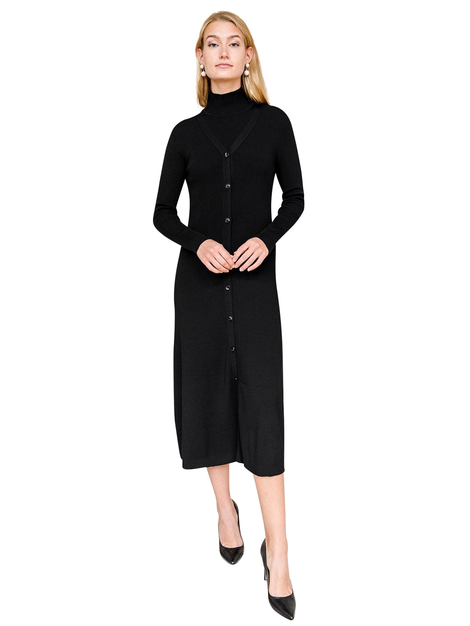 Button Down V-Neck Ribbed Cardigan Dress Latte / XS Button Down V-Neck Ribbed Cardigan Dress Latte / XS