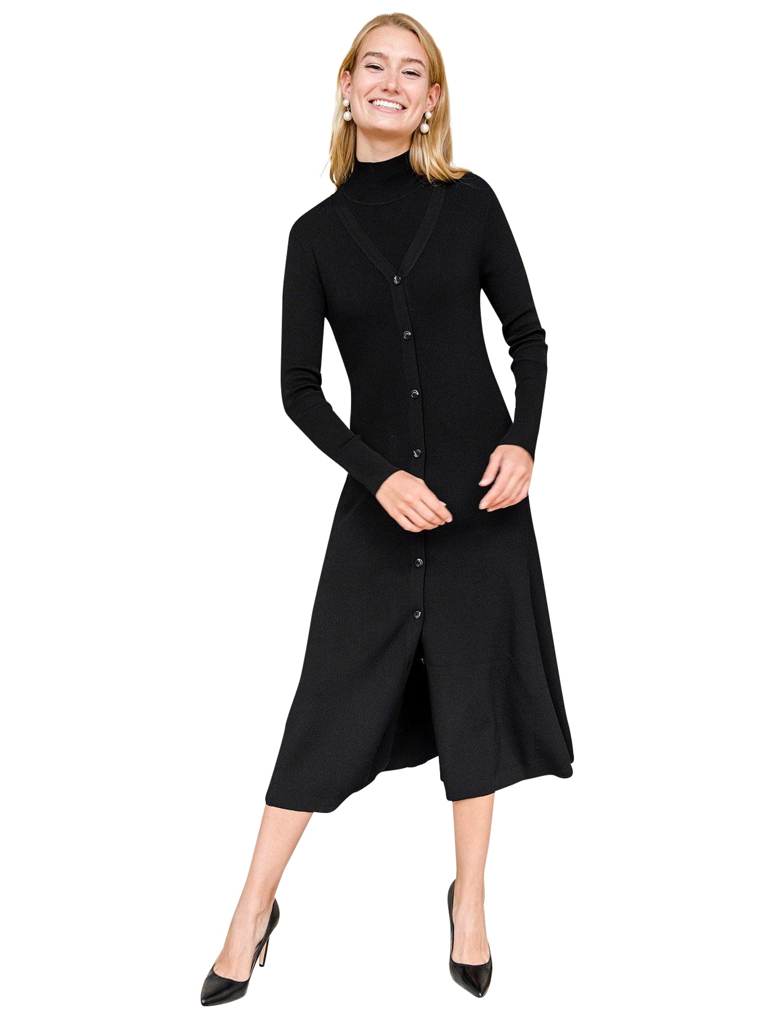 Button Down V-Neck Ribbed Cardigan Dress Black / XS Button Down V-Neck Ribbed Cardigan Dress Black / XS