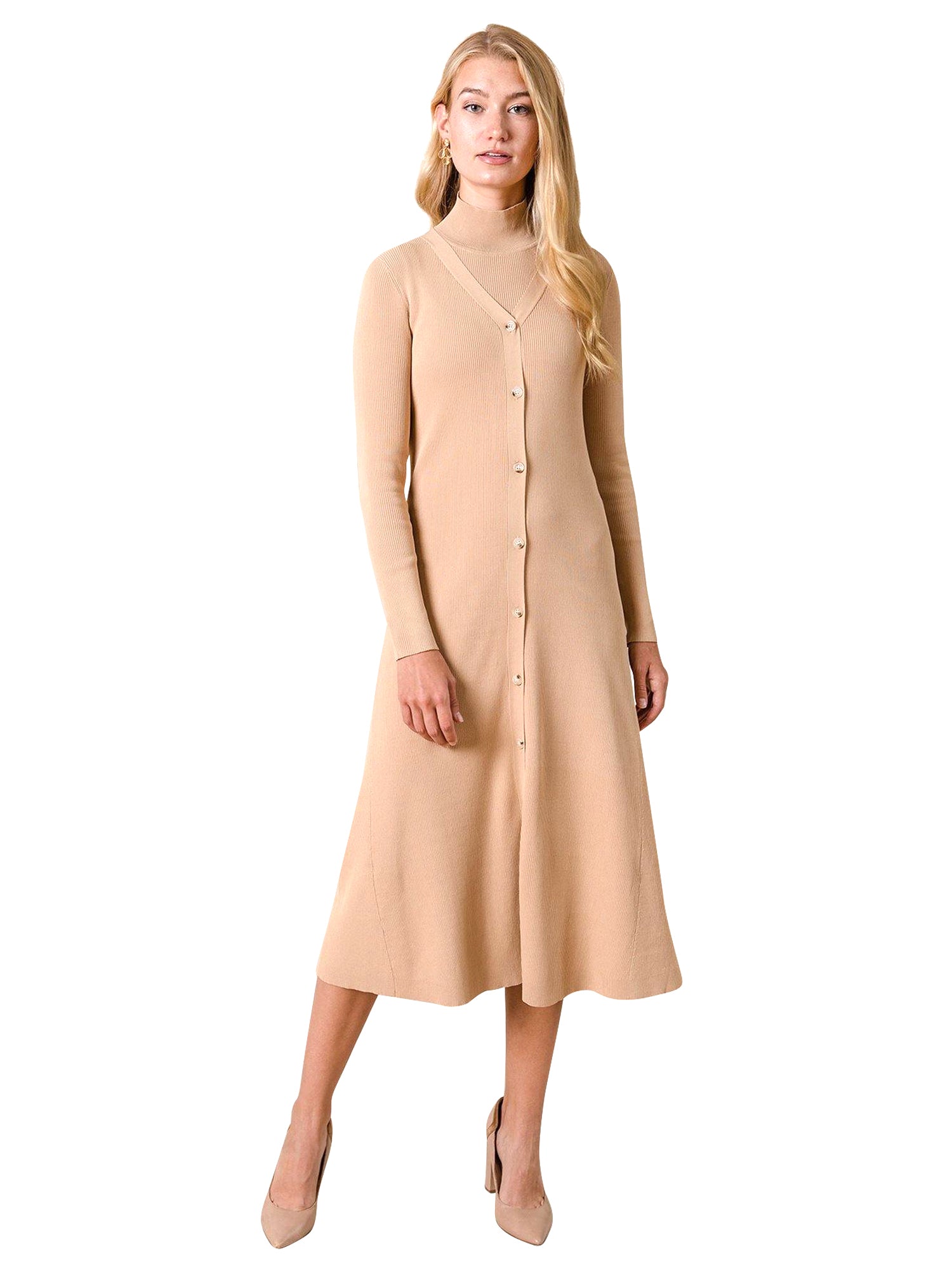 Button Down V-Neck Ribbed Cardigan Dress Latte / XS Button Down V-Neck Ribbed Cardigan Dress Latte / XS
