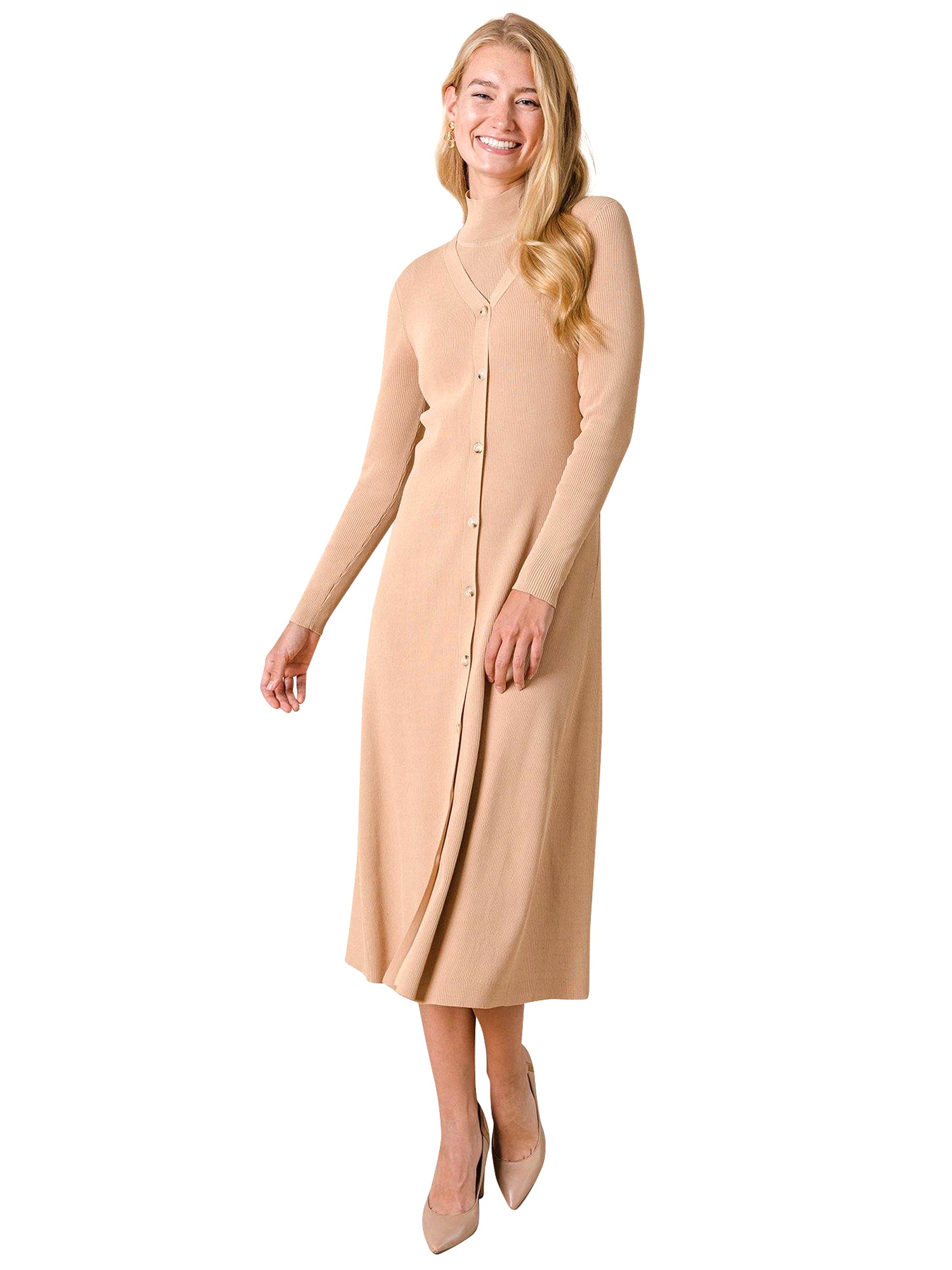 Button Down V-Neck Ribbed Cardigan Dress Latte / XS