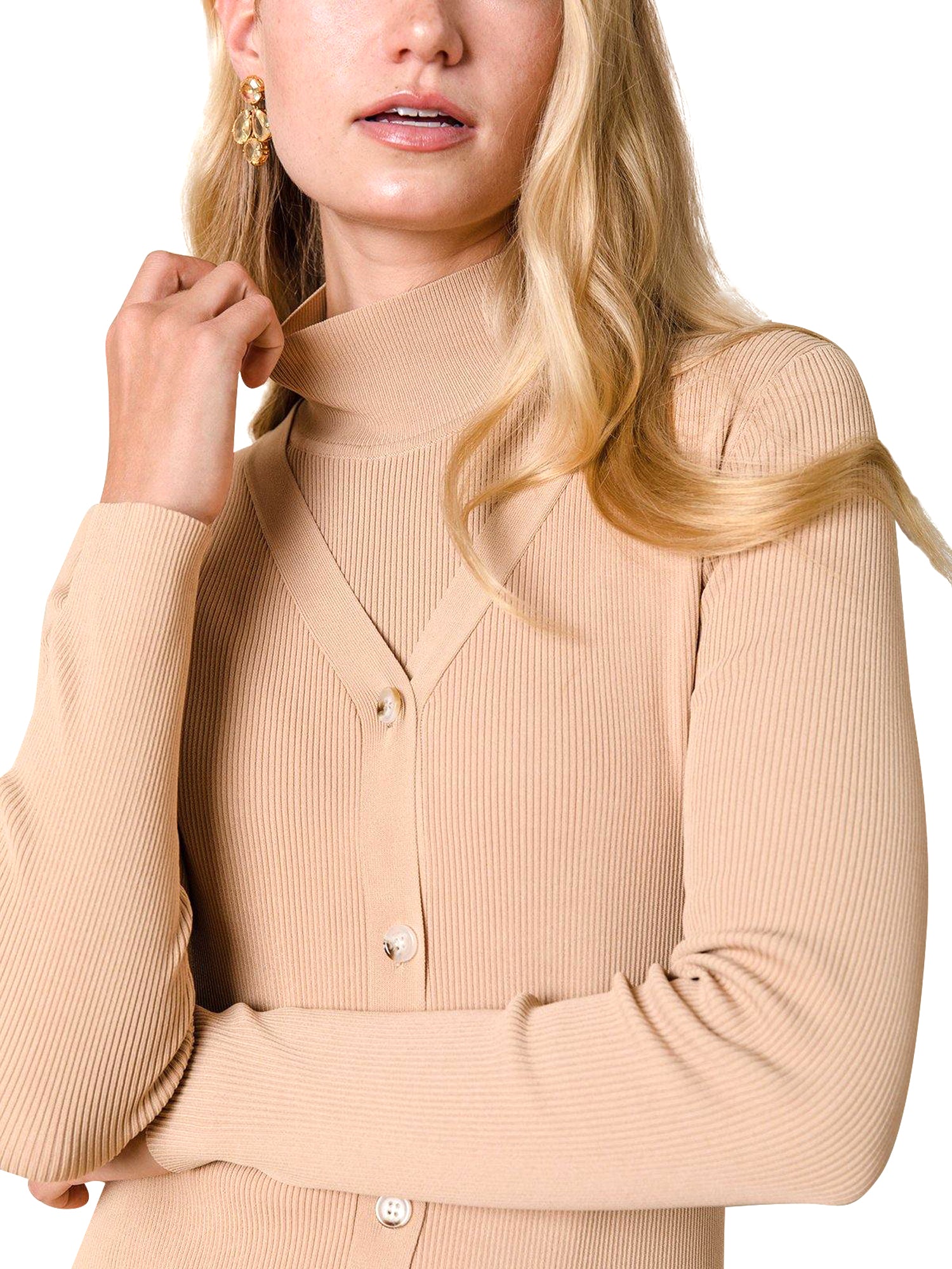Button Down V-Neck Ribbed Cardigan Dress Latte / XS