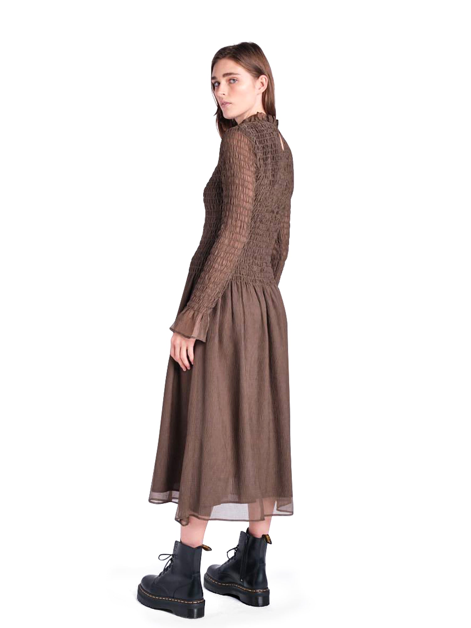 brown check chiffon midi dress self-portrait - Brown Check Chiffon Midi Dress
