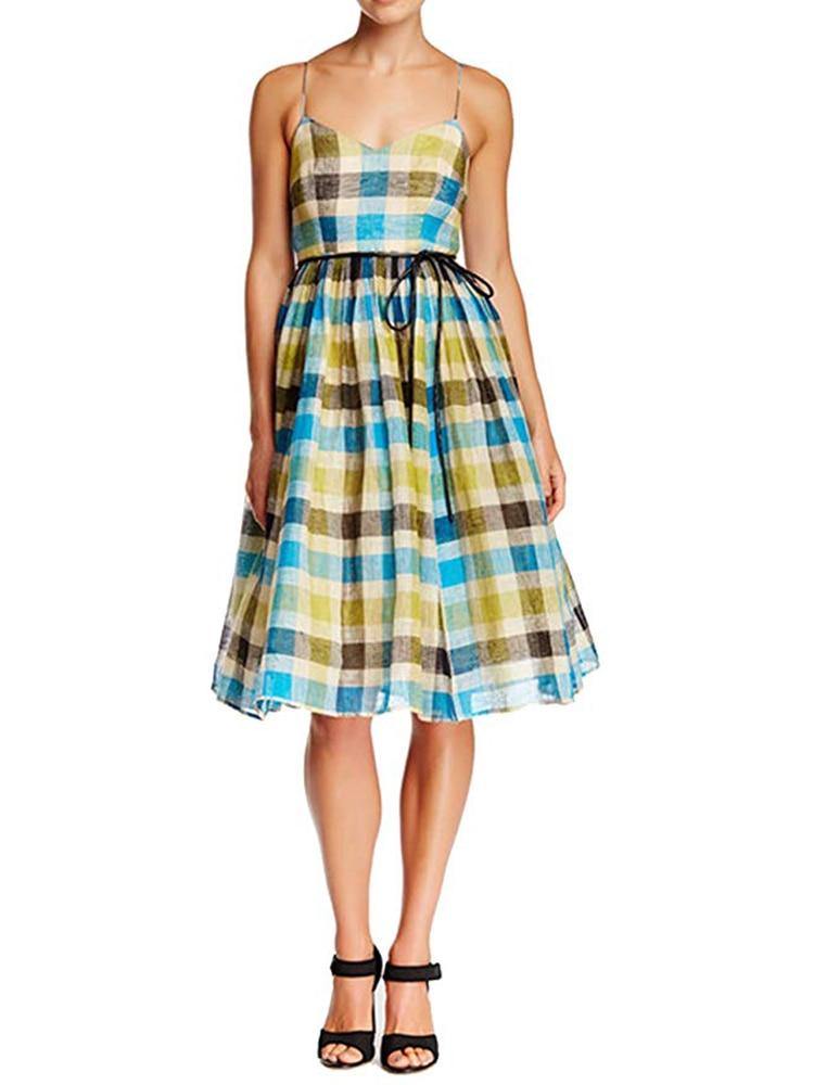 Sara Emanuel V-Neck Plaid Linen Dress Sara Emanuel