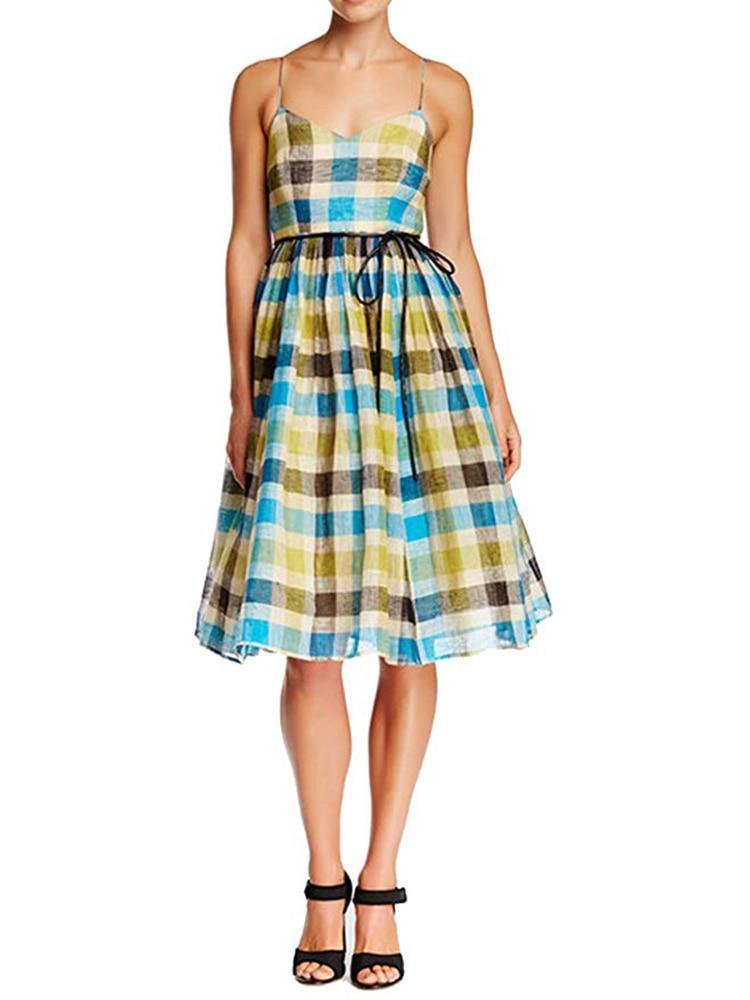 Sara Emanuel V-Neck Plaid Linen Dress 0