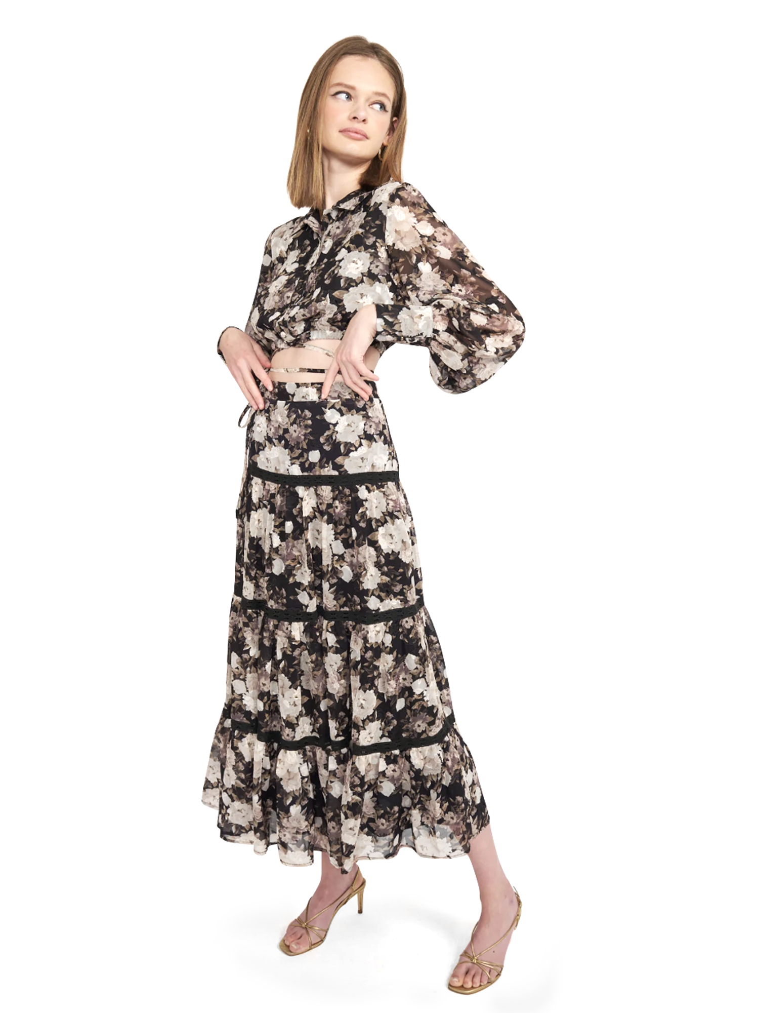 en Saison Printed Tiered Midi Skirt