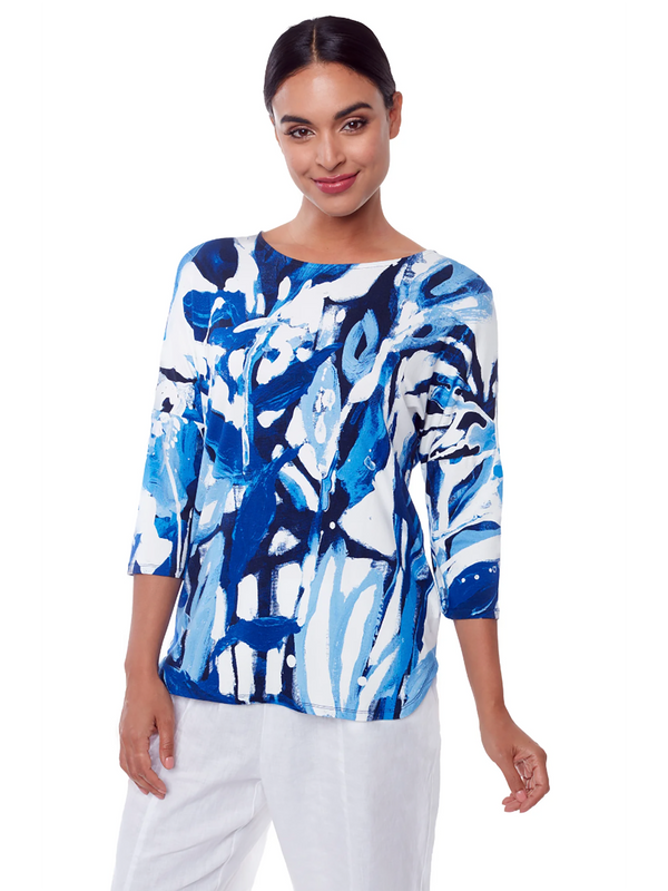 Claire Desjardins Blue And White At Liberty In the Garden 3/4 Length Dolman Sleeve Top - Tops