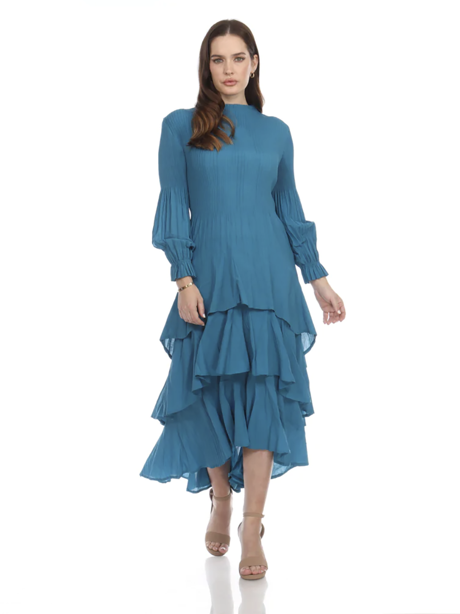 knee length dresses for ladies Short Flounce Sleeve Tiered Dress Teal / L main image 0