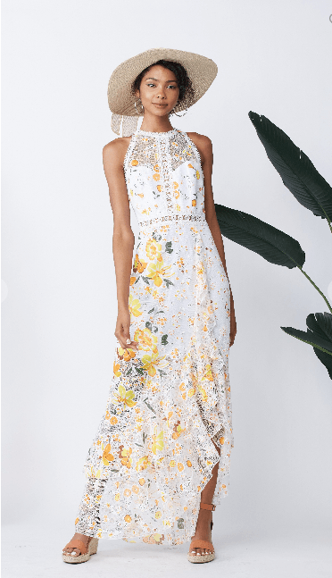 Minuet Halter Top High-Low Yellow Daisy Floral Maxi Dress S Minuet Halter Top High-Low Yellow Daisy Floral Maxi Dress S