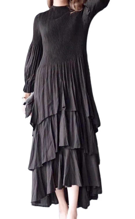 Pleated Long-Sleeve Ruffle Crepe Gown