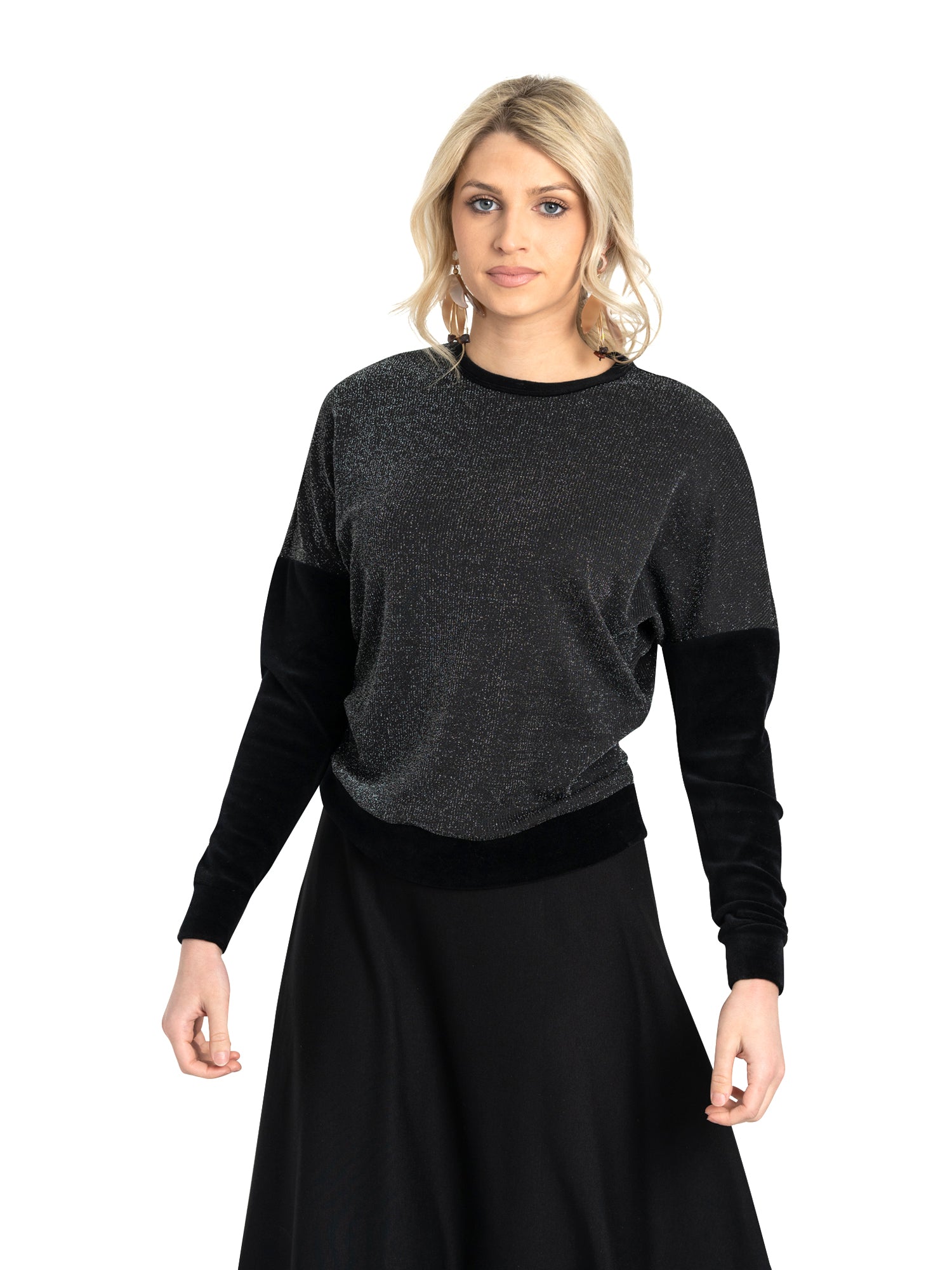 Dot Ribbed Velvet Sleeve Shimmer Top - Tops