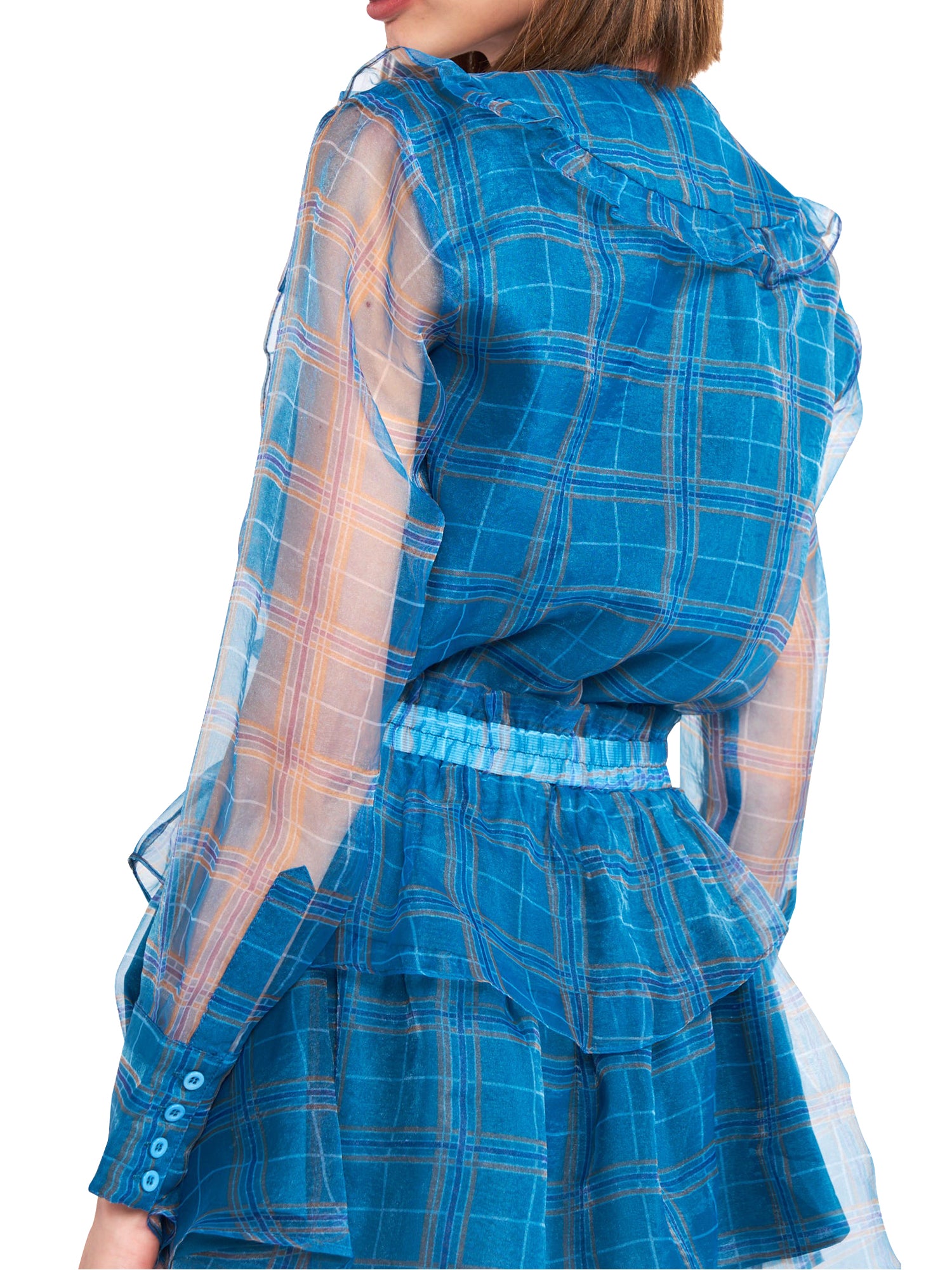 en saison plaid organza mini dress PLAID ORGANZA SHORT WRAP DRESS FEATURING TIERED BOTTOM