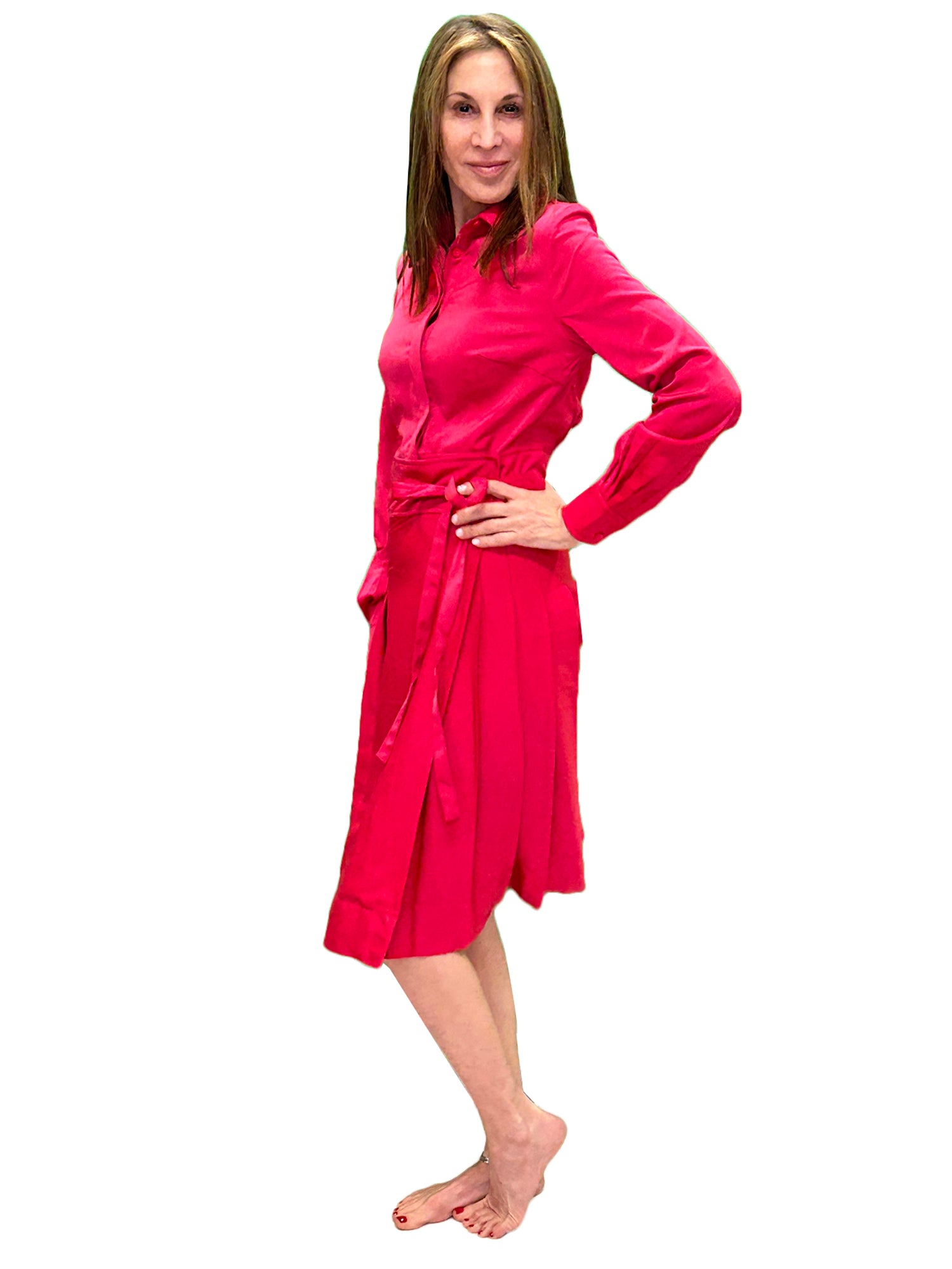 pink and red wrap dress Women's Red and Pink Midi Wrap Dress with Long Sleeves
