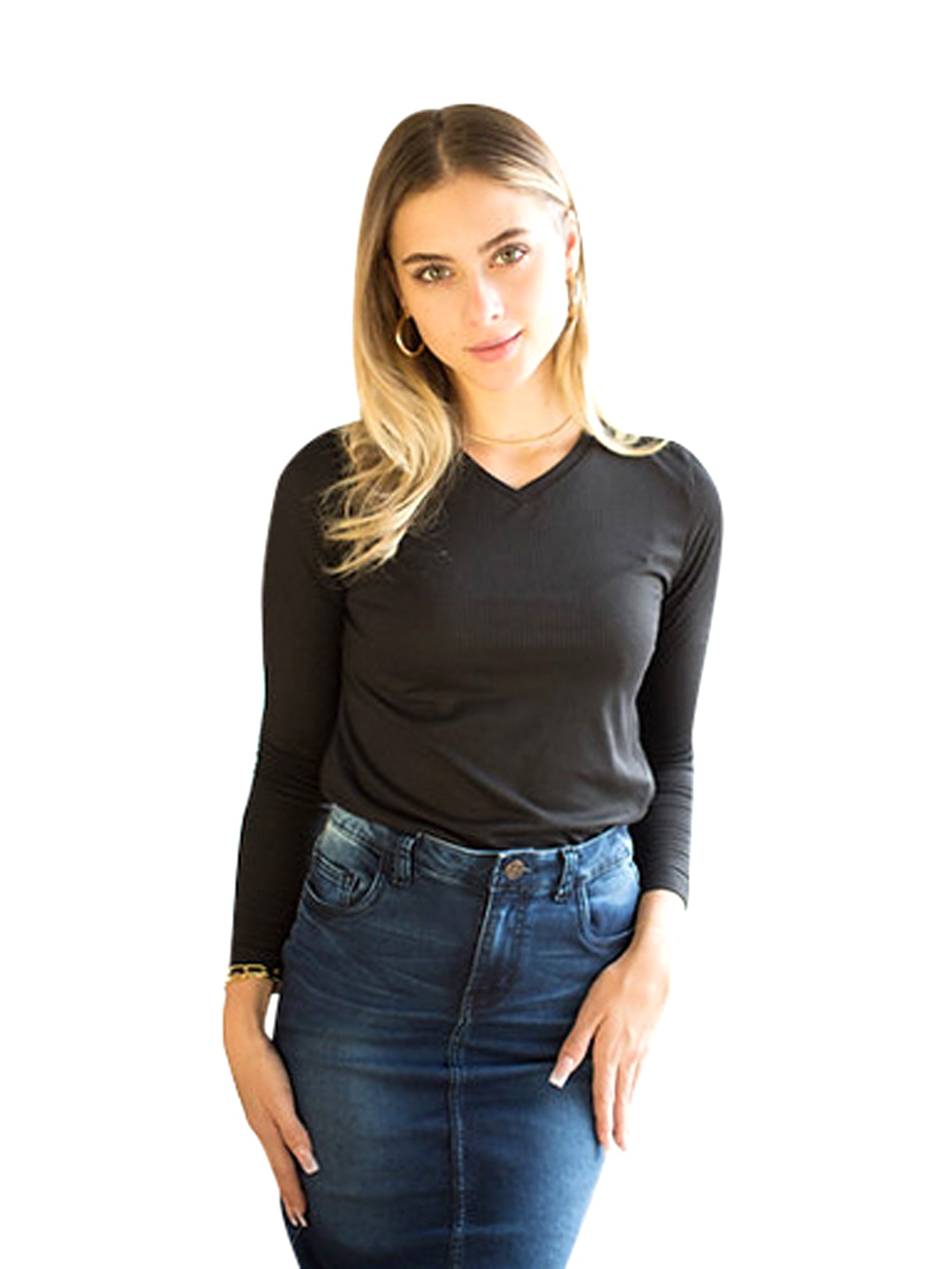 AdinaLV Ribbed V-Neck Sleeve Tee - Tops