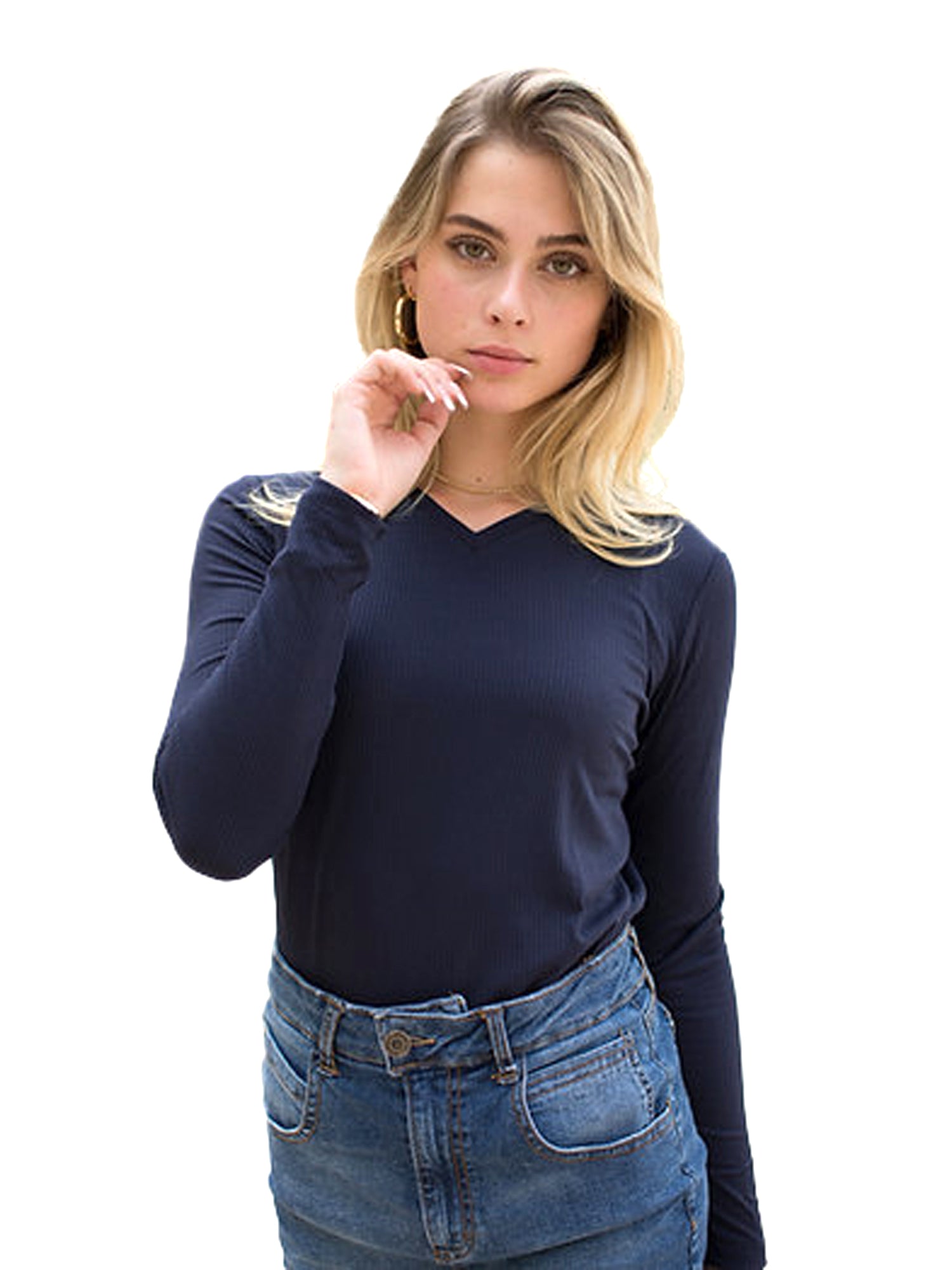 AdinaLV Ribbed V-Neck Sleeve Tee - Tops