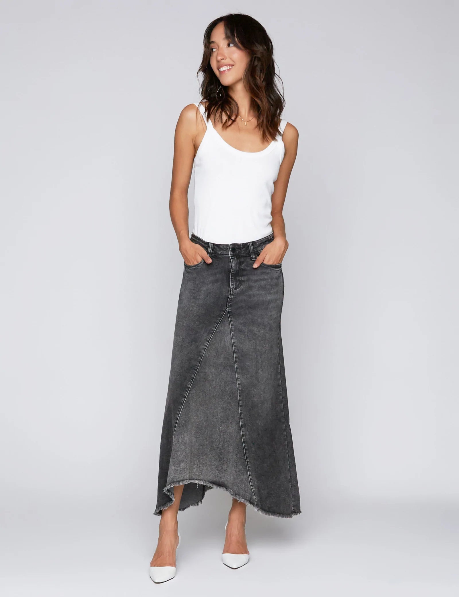 Wash Lab Grey Pieced Denim Asymmetric Maxi Skirt PinkOrchidFashion